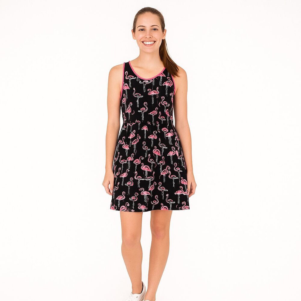 Crown & Ivy Flamingo Fit Flare Dress Size 4 Black Pink Preppy Coastal Style